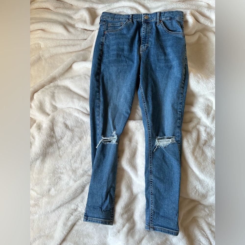 Topshop Jamie Ripped Ankle Skinny Jeans W32  Womens High Rise Medium Wash Denim